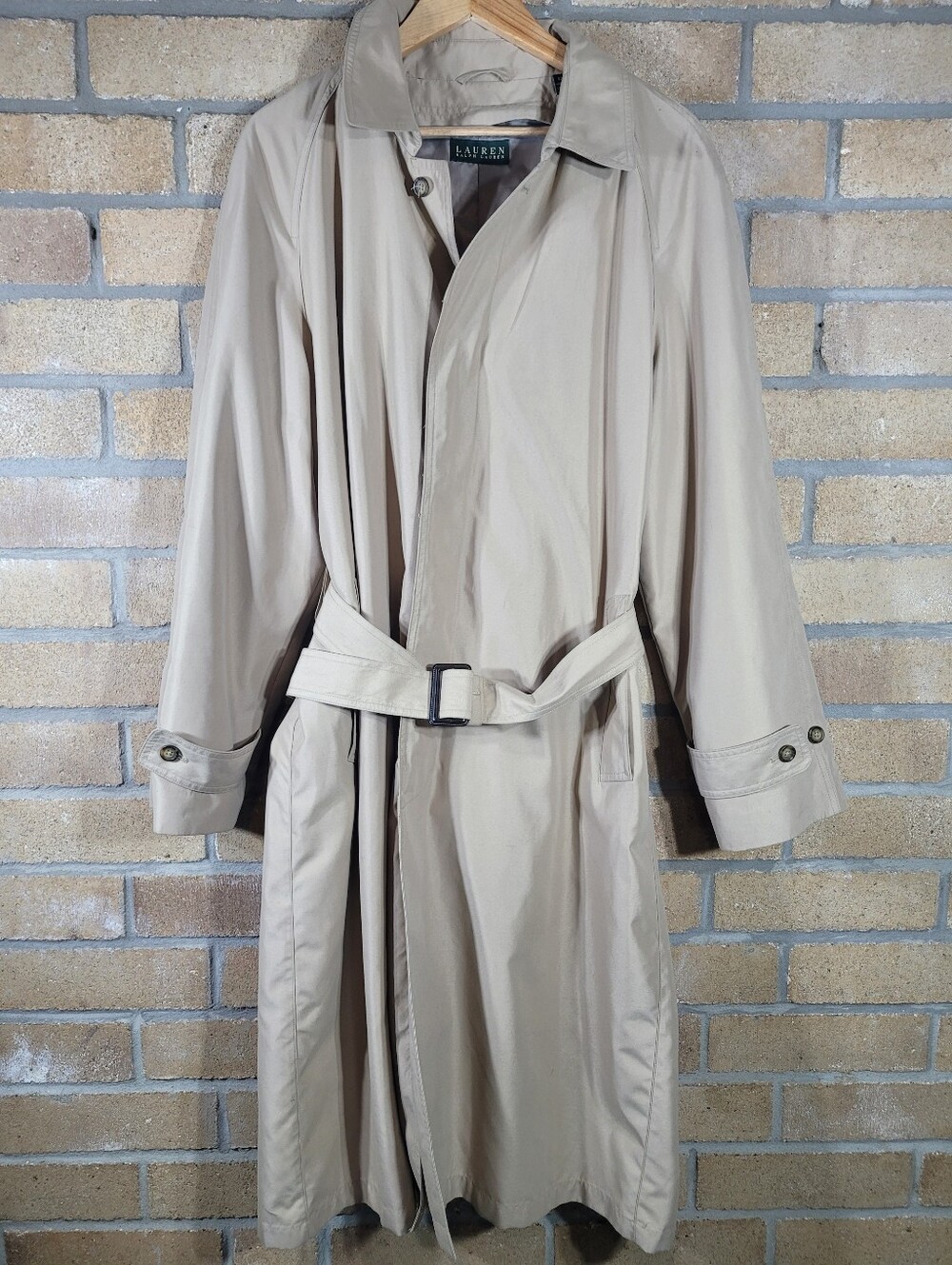 Lauren Ralph Lauren Mens Trench Coat 42L Tan Belted Rain Jacket Overcoat VTG
